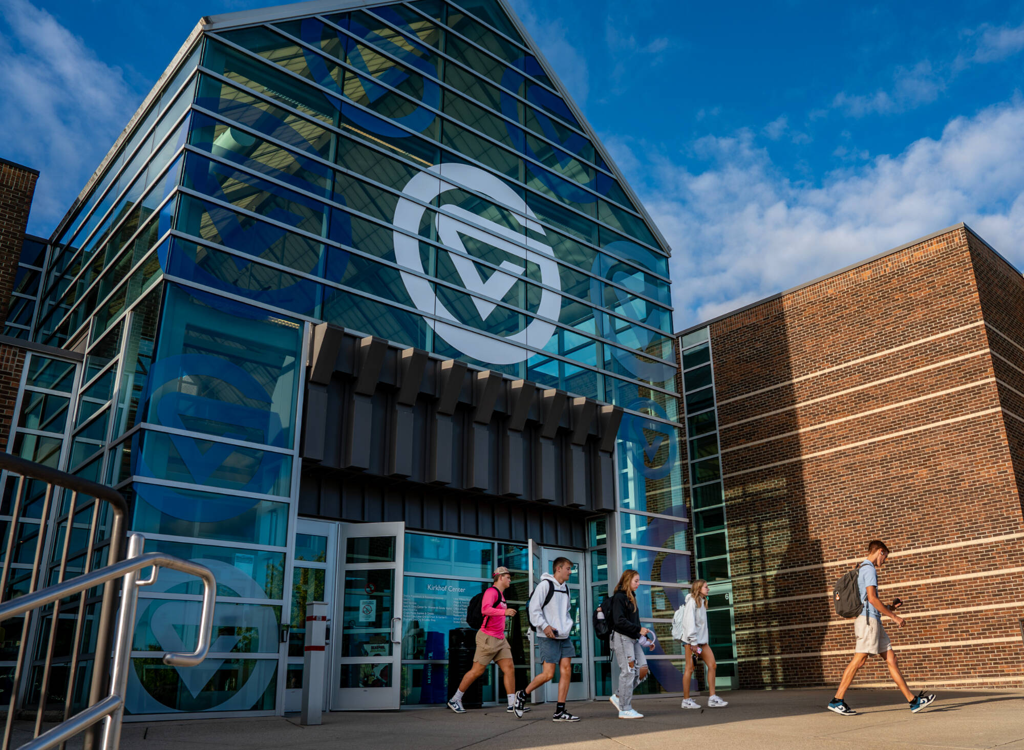 Students walk out of the Kirkhof Center on the first day of classes on August 22.